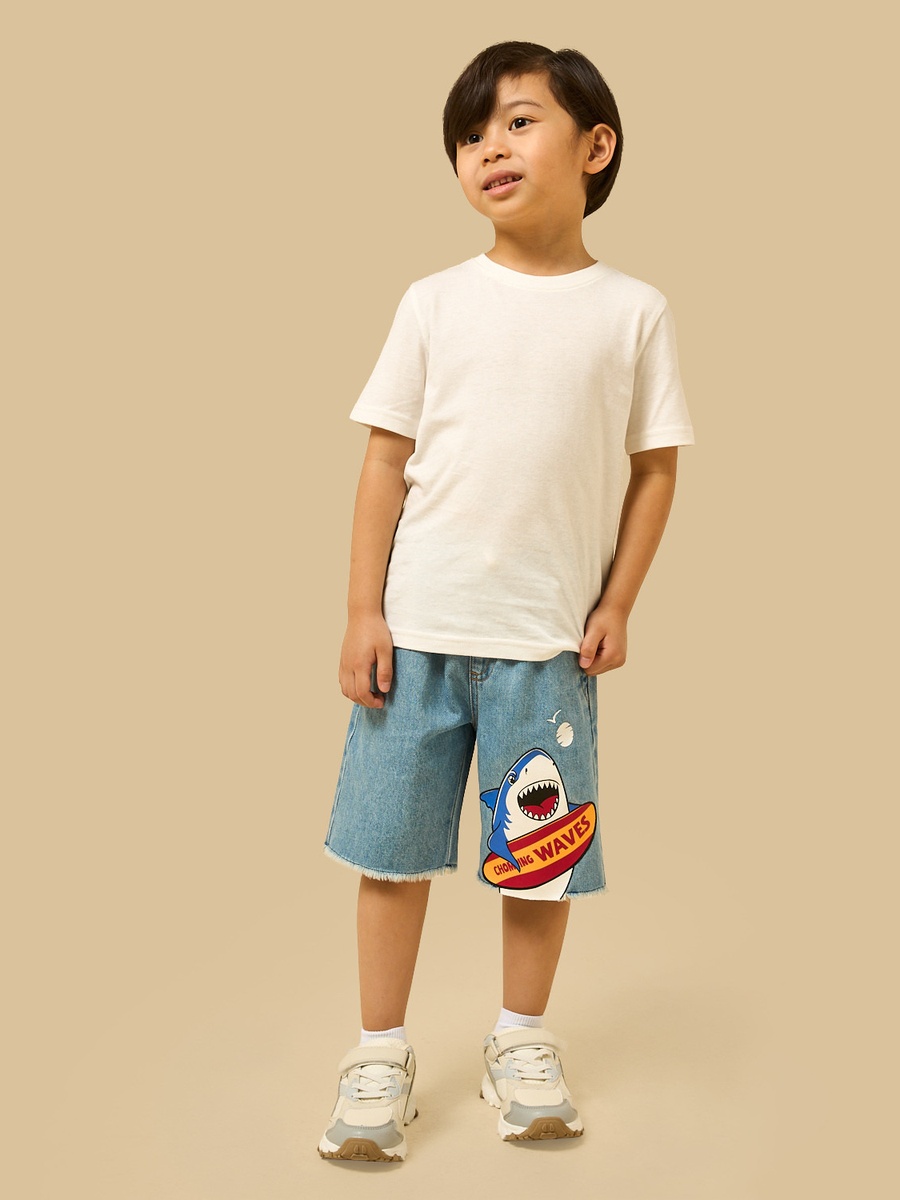 Shark Print Cotton Denim Shorts