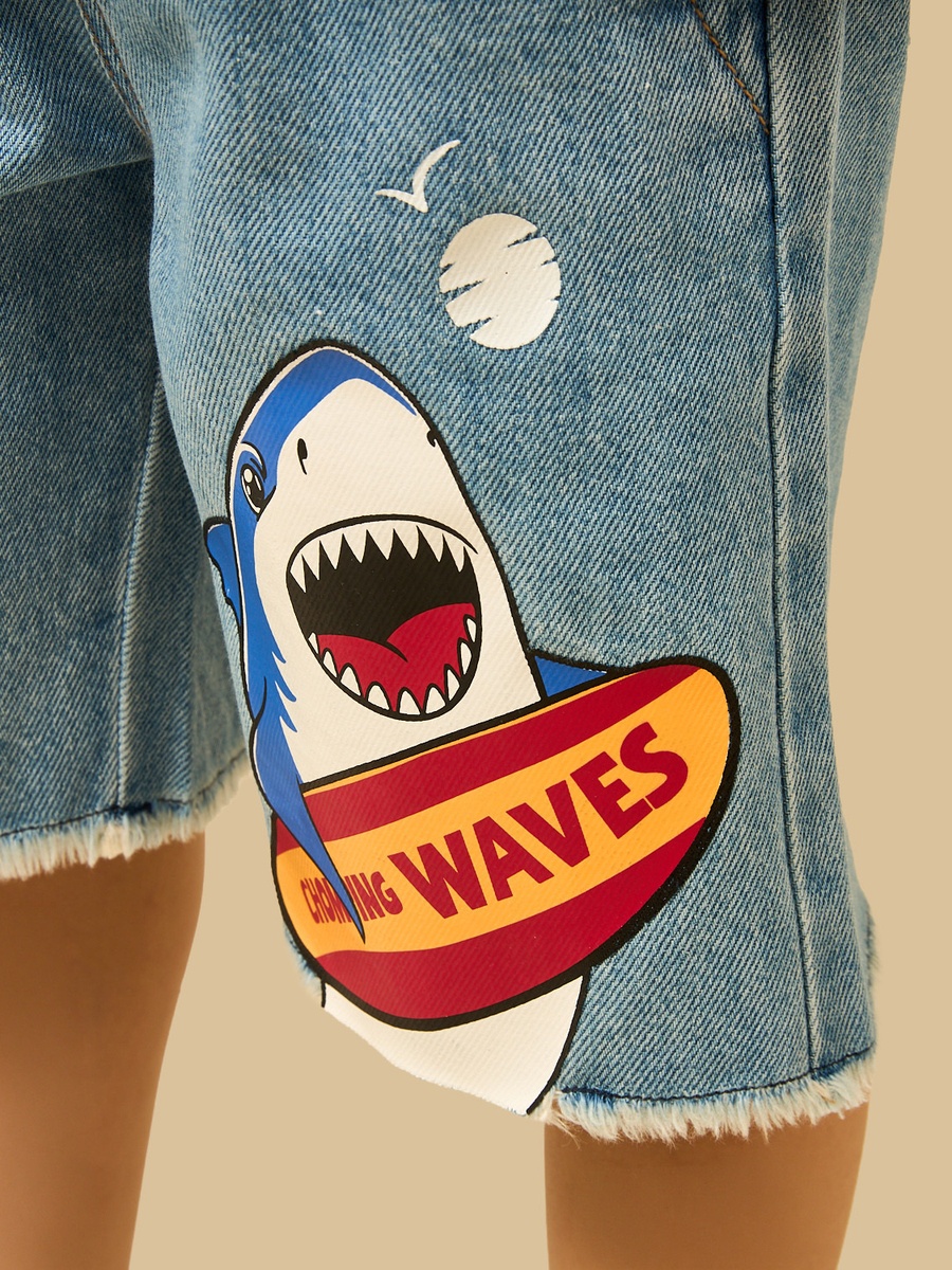 Shark Print Cotton Denim Shorts