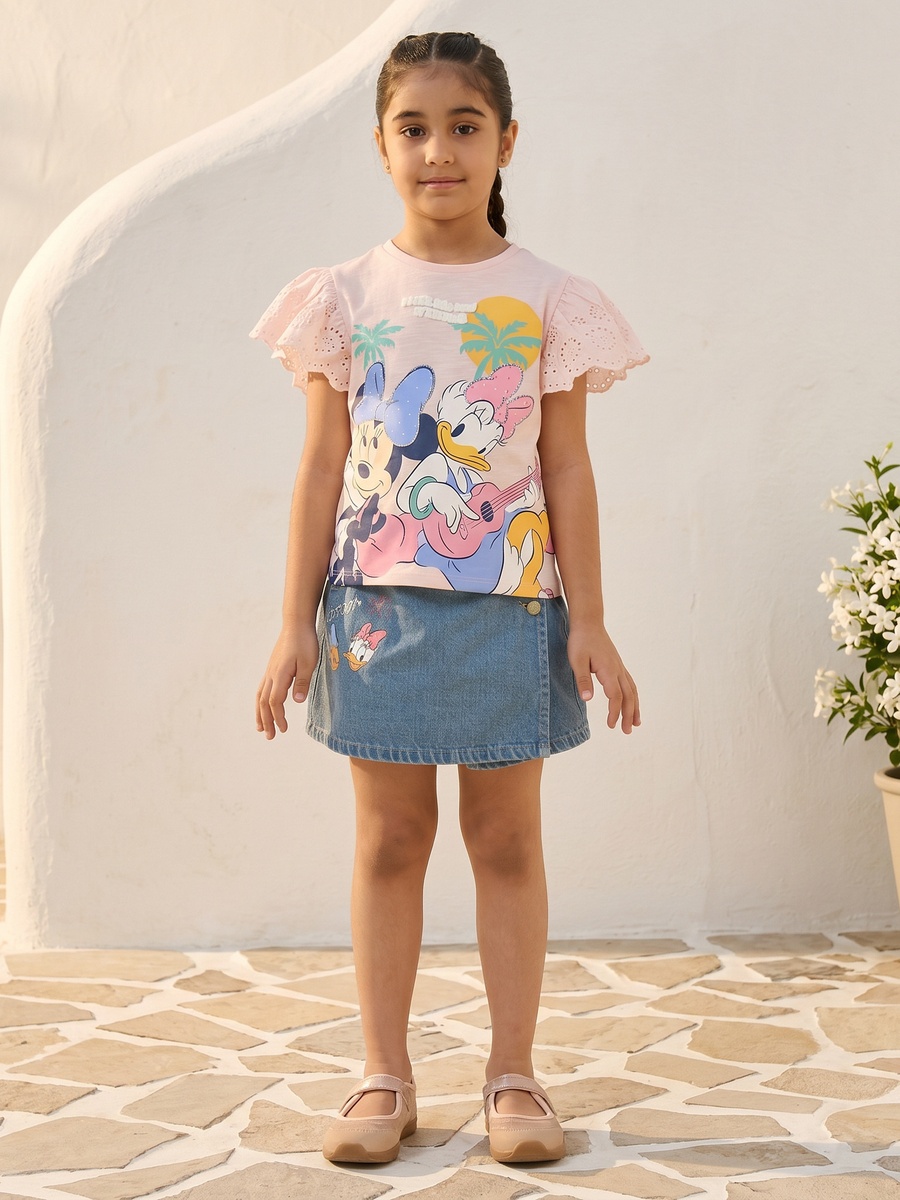 Minnie and Daisy Print Denim Wrap Skort