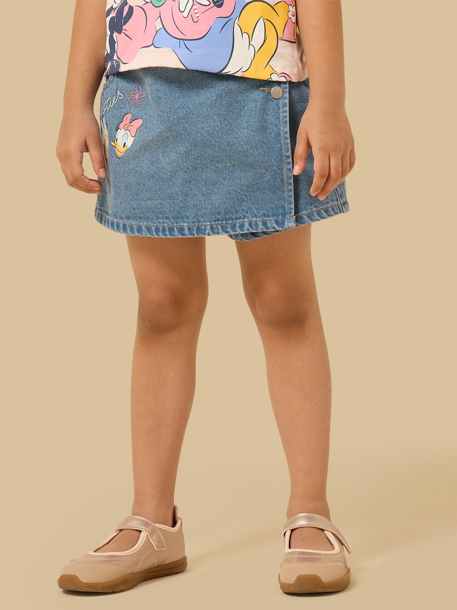 Minnie and Daisy Print Denim Wrap Skort