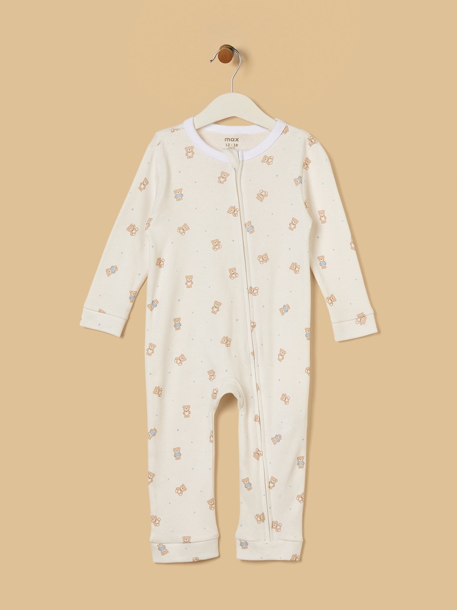 Teddy Bear Print Cotton Sleepsuit with Cap