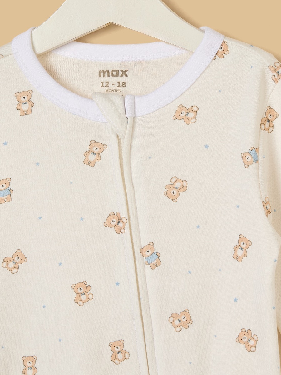Teddy Bear Print Cotton Sleepsuit with Cap