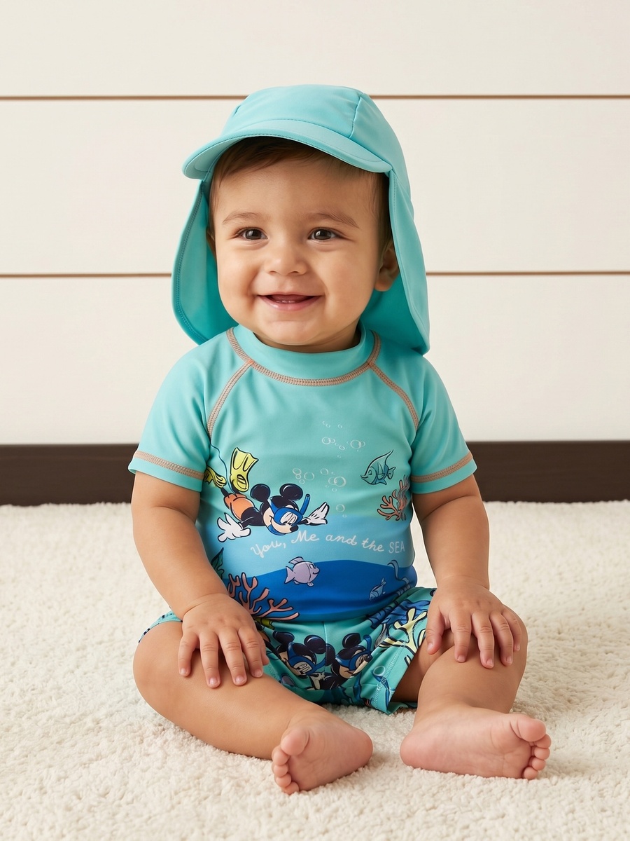 Mickey Mouse Print Rashguard Set with Hat