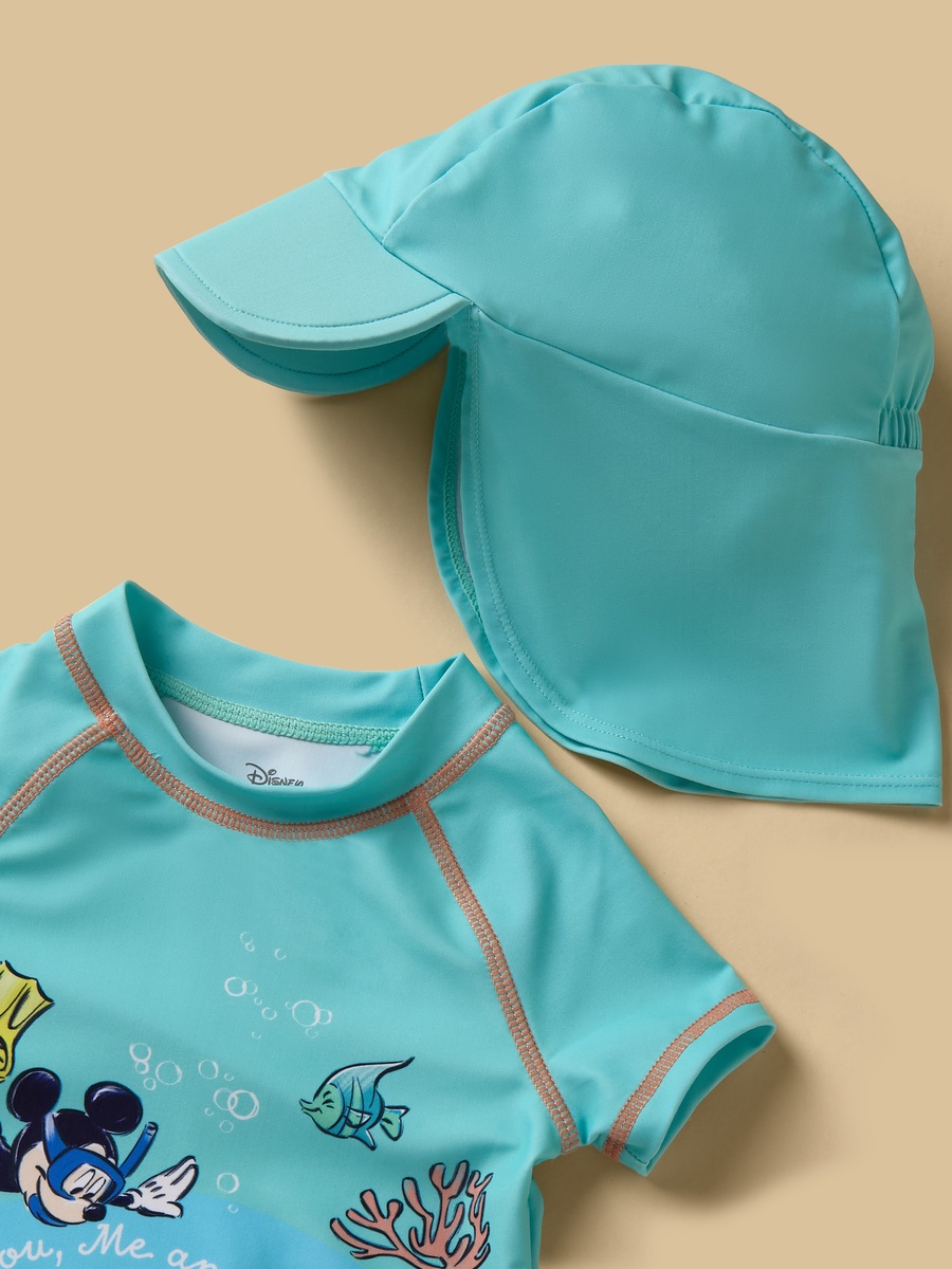 Mickey Mouse Print Rashguard Set with Hat