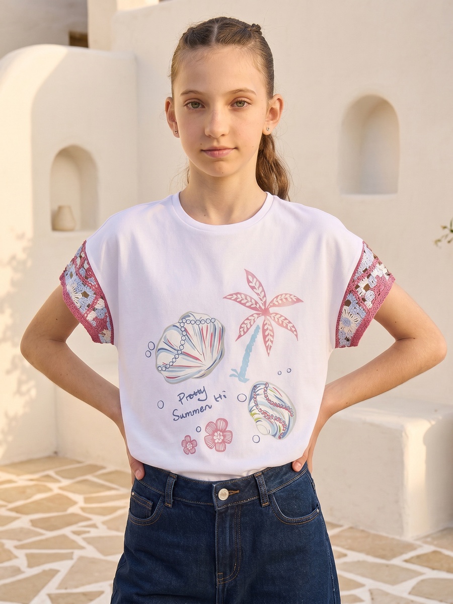 Seashell Print Cotton Top with Crochet Cap Sleeves