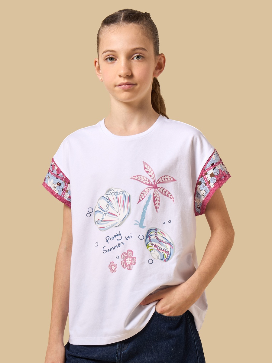 Seashell Print Cotton Top with Crochet Cap Sleeves