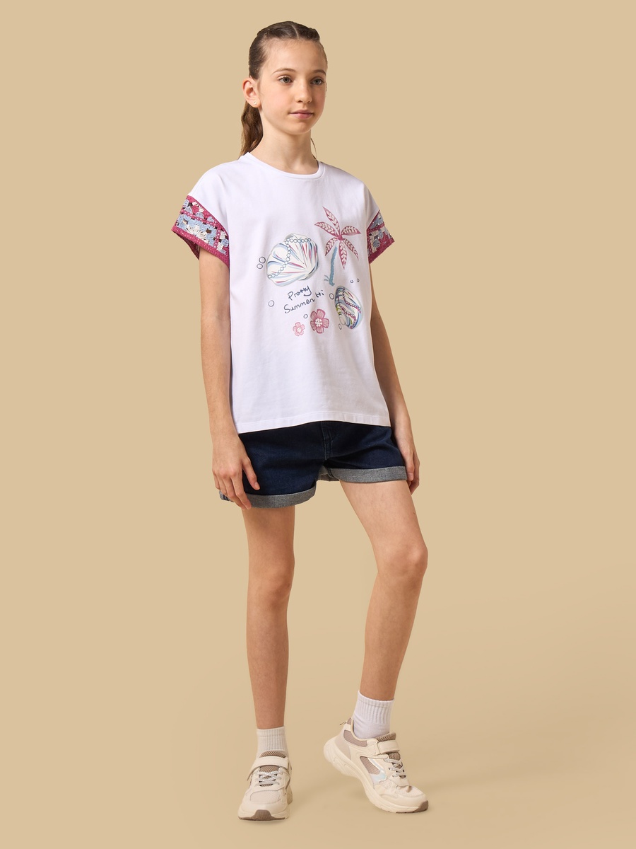 Seashell Print Cotton Top with Crochet Cap Sleeves