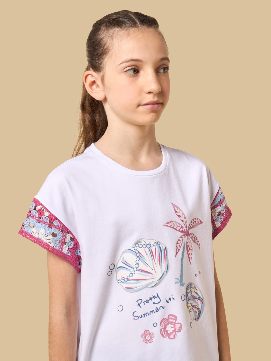 Seashell Print Cotton Top with Crochet Cap Sleeves
