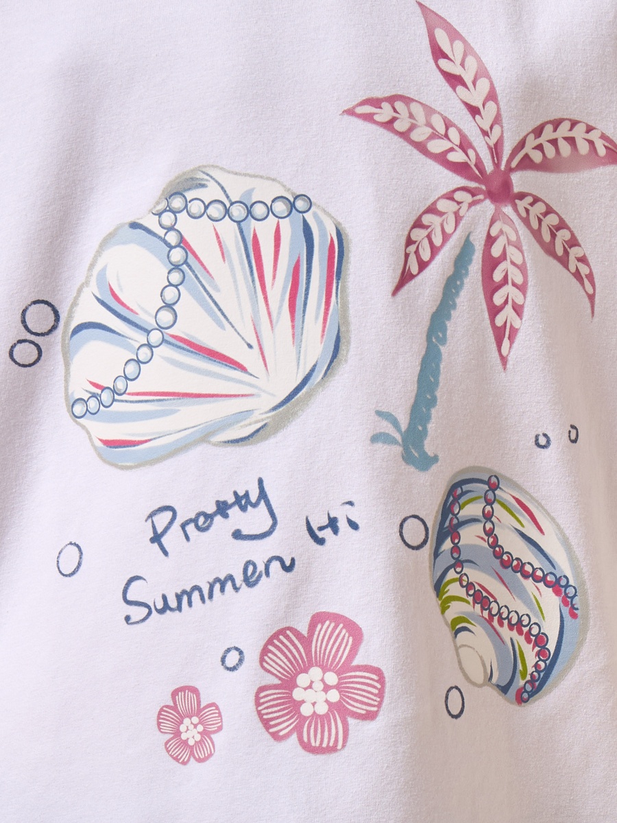 Seashell Print Cotton Top with Crochet Cap Sleeves
