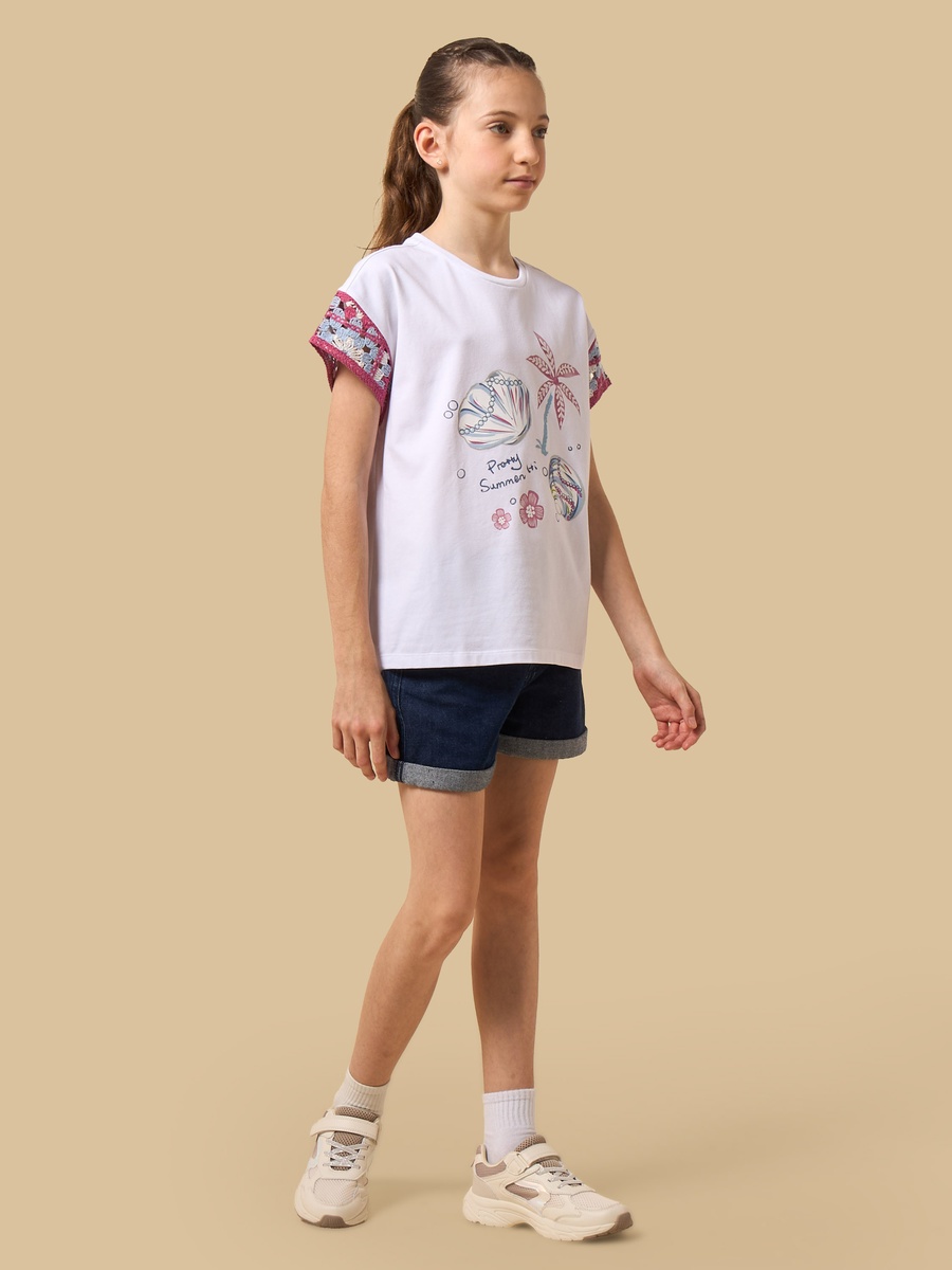Seashell Print Cotton Top with Crochet Cap Sleeves