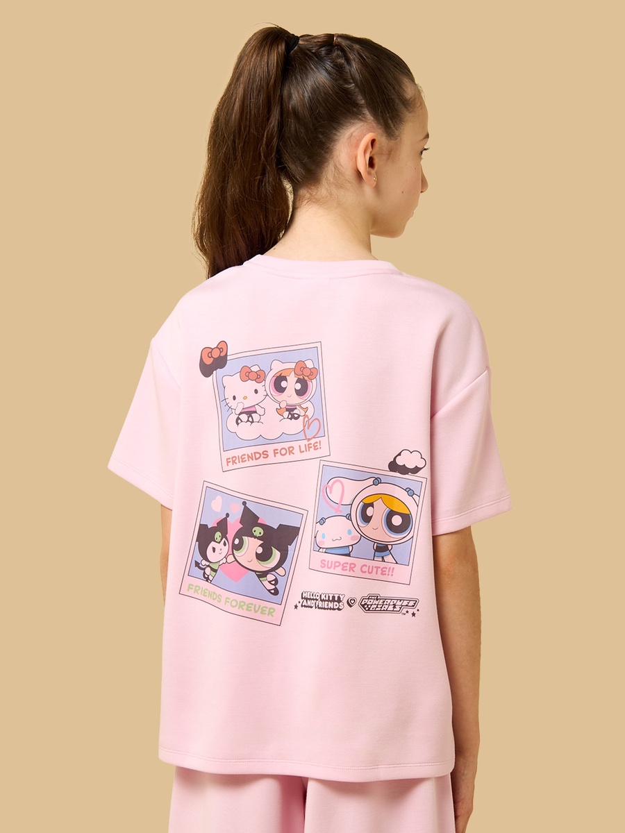 Hello Kitty and Powerpuff Girls Print Oversized T-Shirt