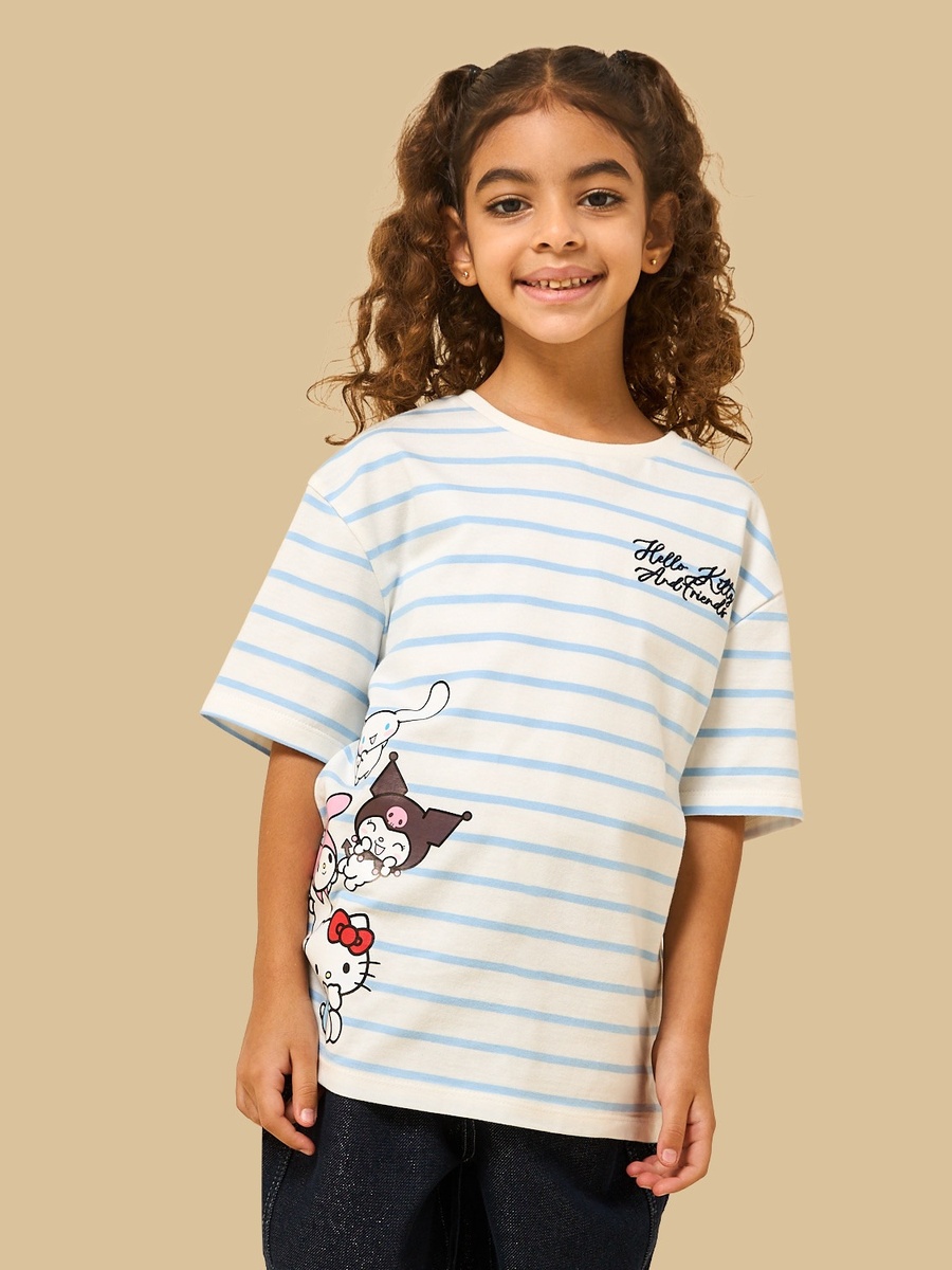 Hello Kitty and Friends Print Striped Oversized Cotton T-Shirt