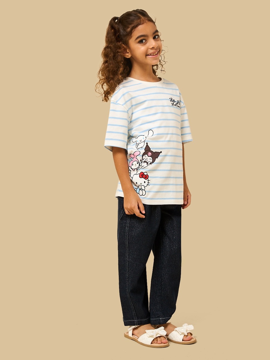 Hello Kitty and Friends Print Striped Oversized Cotton T-Shirt