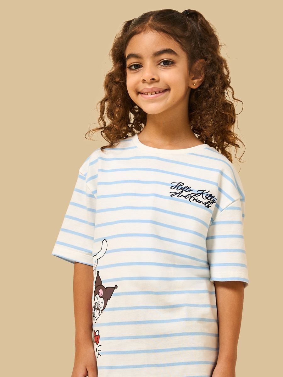 Hello Kitty and Friends Print Striped Oversized Cotton T-Shirt