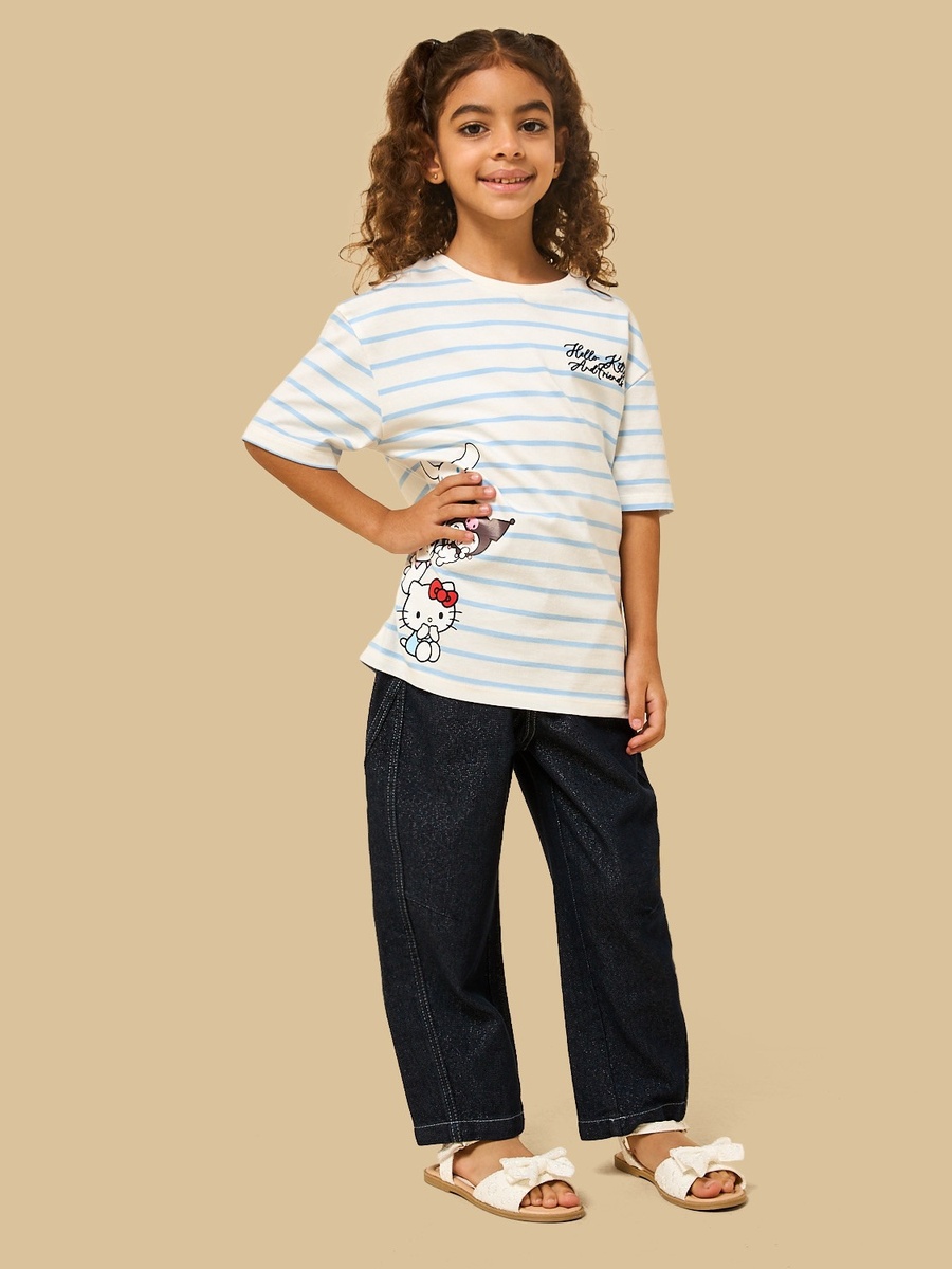 Hello Kitty and Friends Print Striped Oversized Cotton T-Shirt