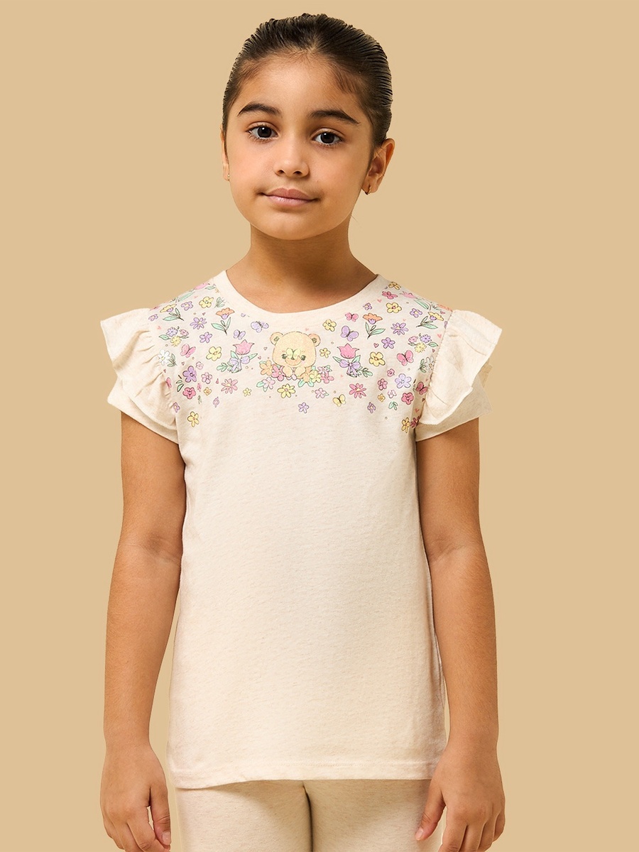 Floral Print Frill Sleeves Cotton T-Shirt