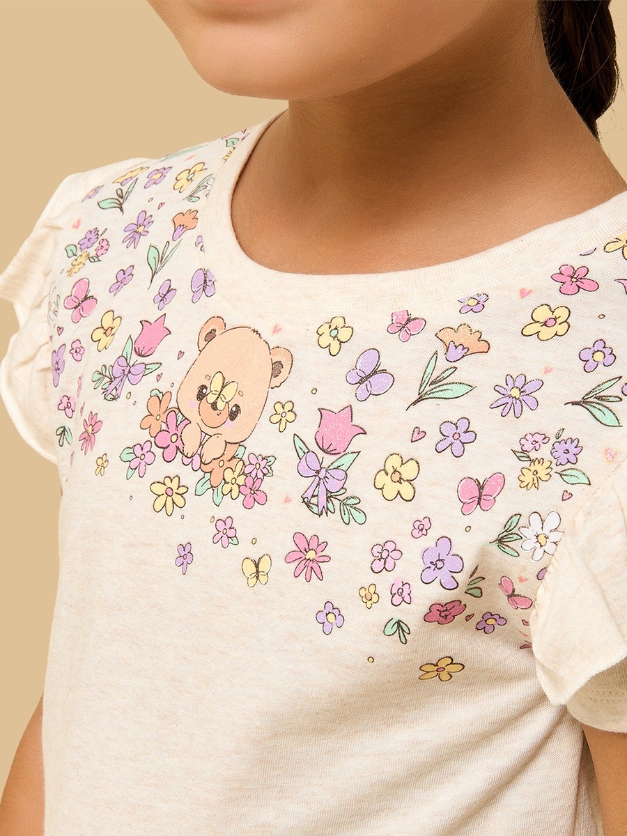 Floral Print Frill Sleeves Cotton T-Shirt