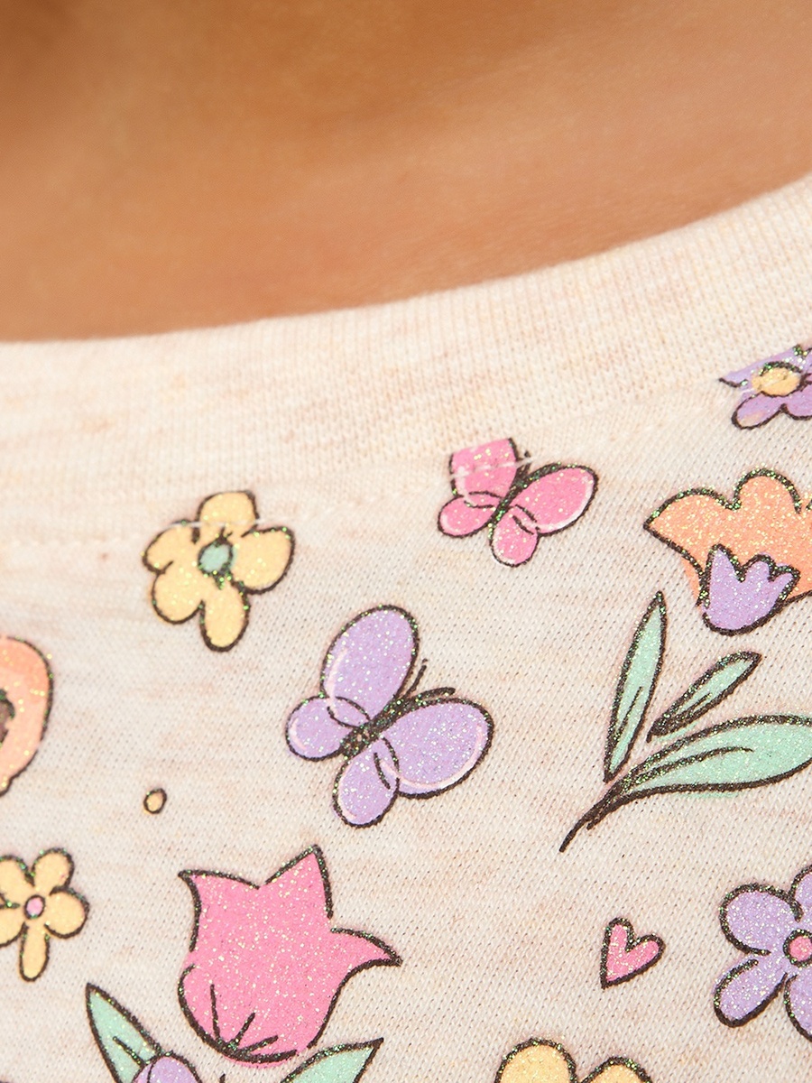 Floral Print Frill Sleeves Cotton T-Shirt