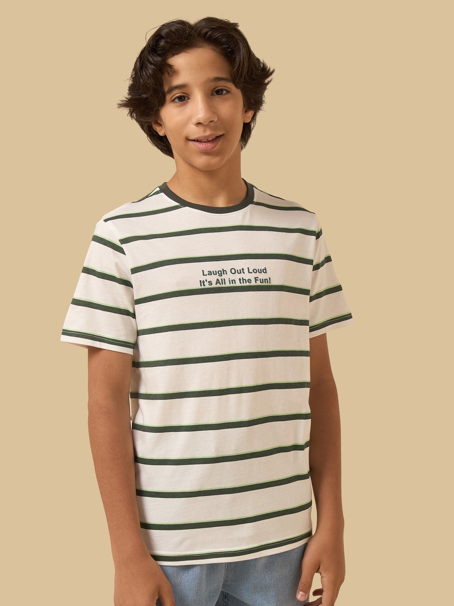 Slogan Print Striped Cotton T-Shirt