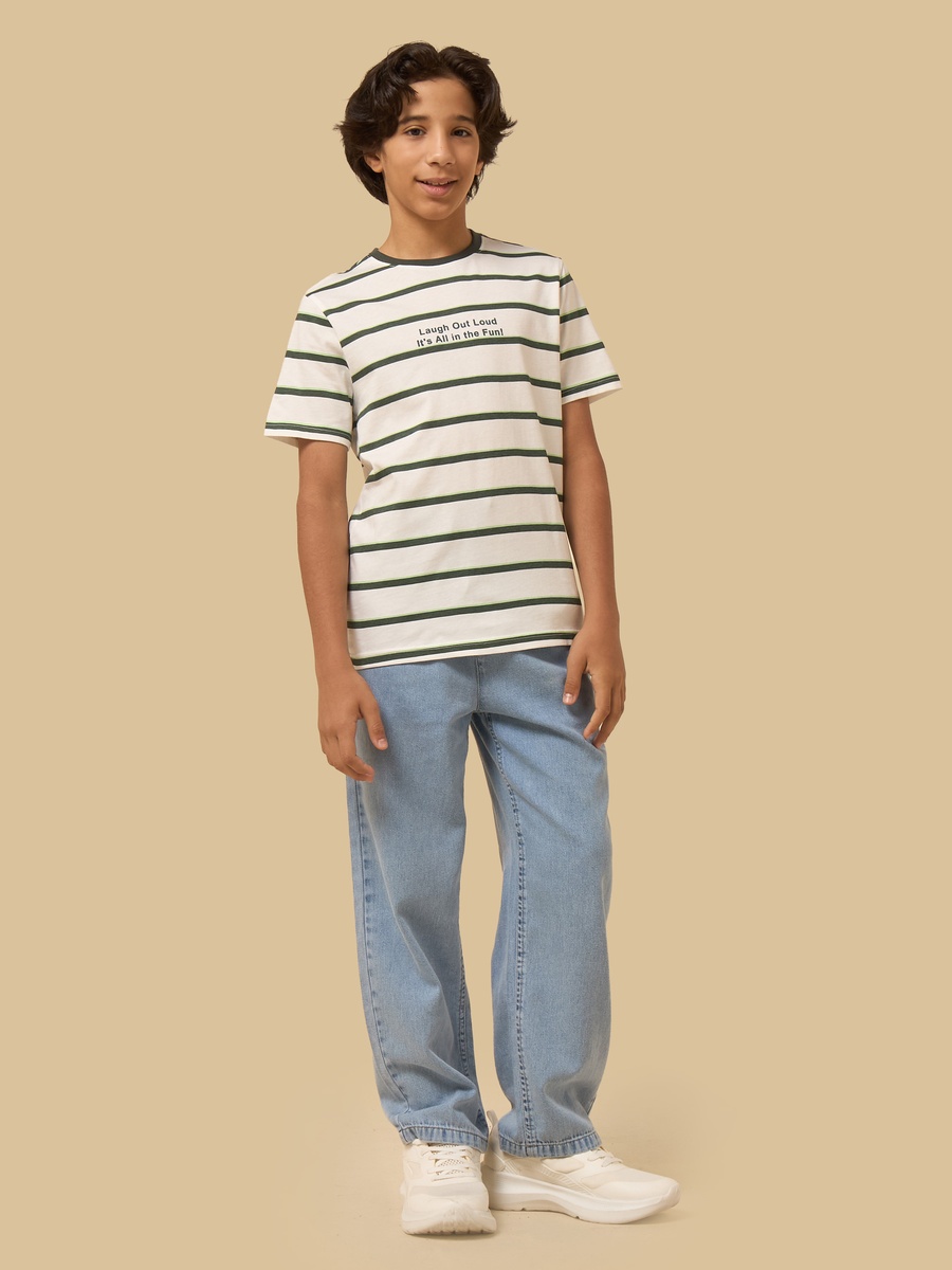 Slogan Print Striped Cotton T-Shirt