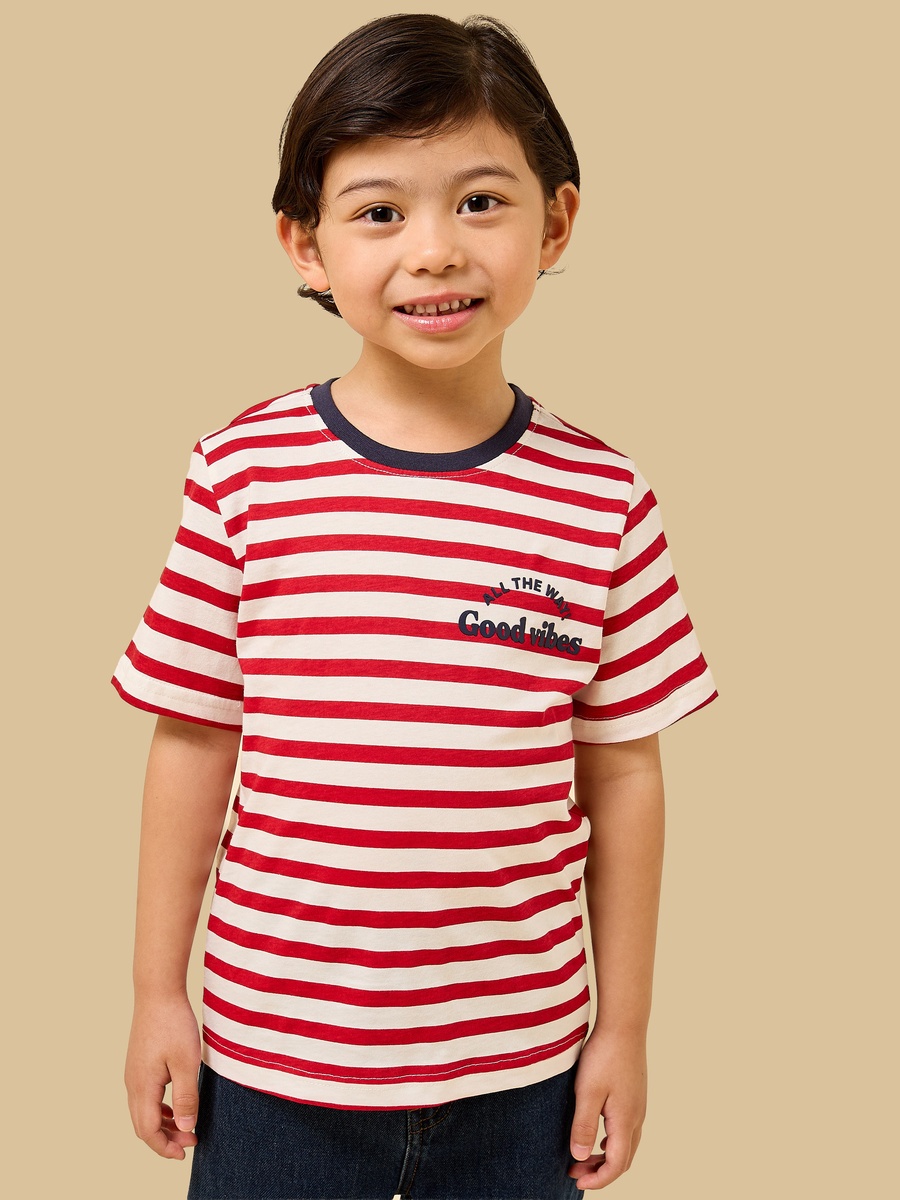 Slogan Print Striped Cotton T-Shirt