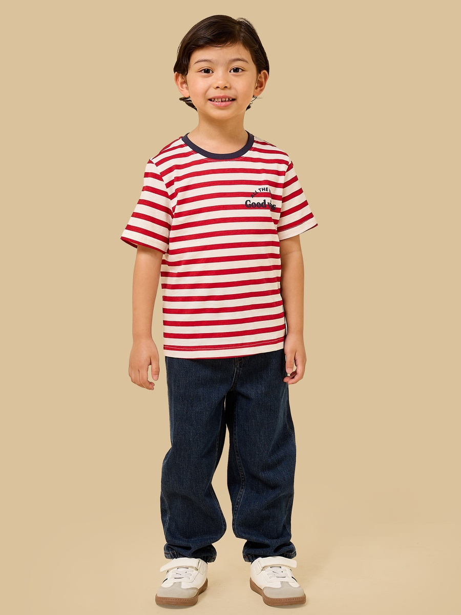 Slogan Print Striped Cotton T-Shirt