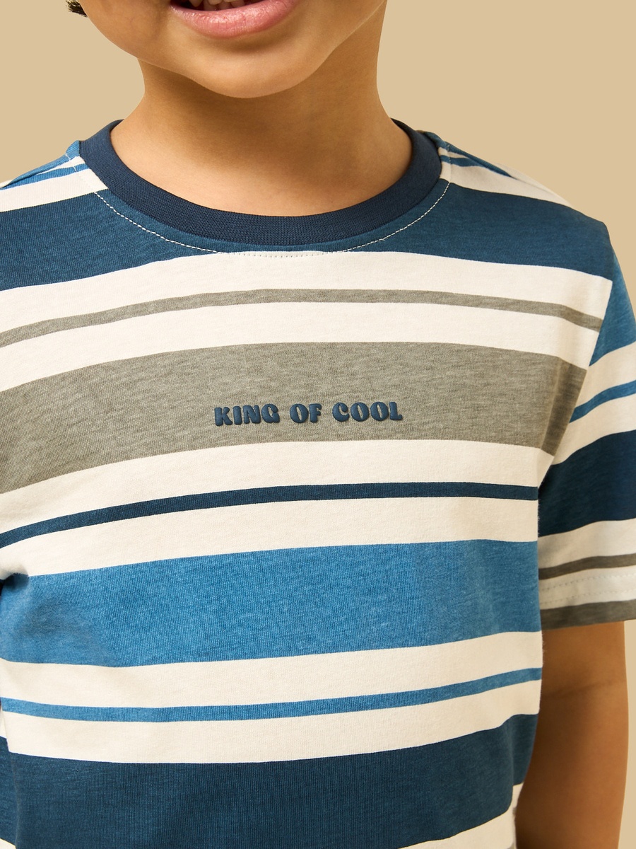 Slogan Print Striped Cotton T-Shirt