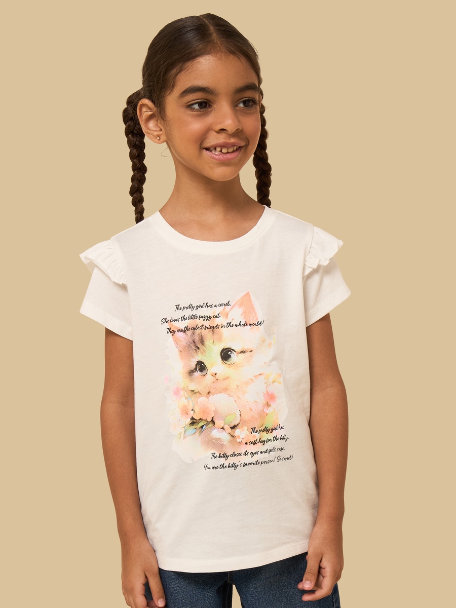 Cat Print Frill Sleeves Cotton T-Shirt