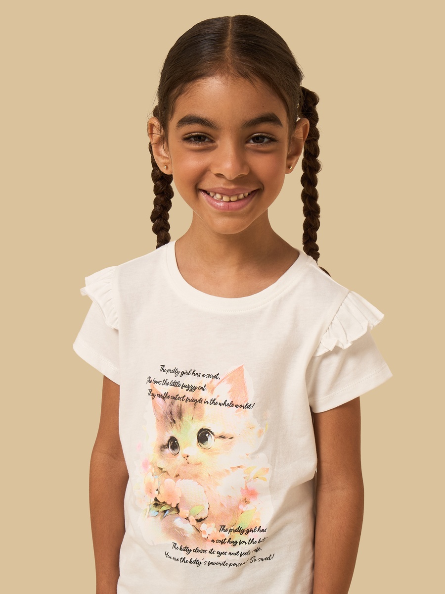 Cat Print Frill Sleeves Cotton T-Shirt