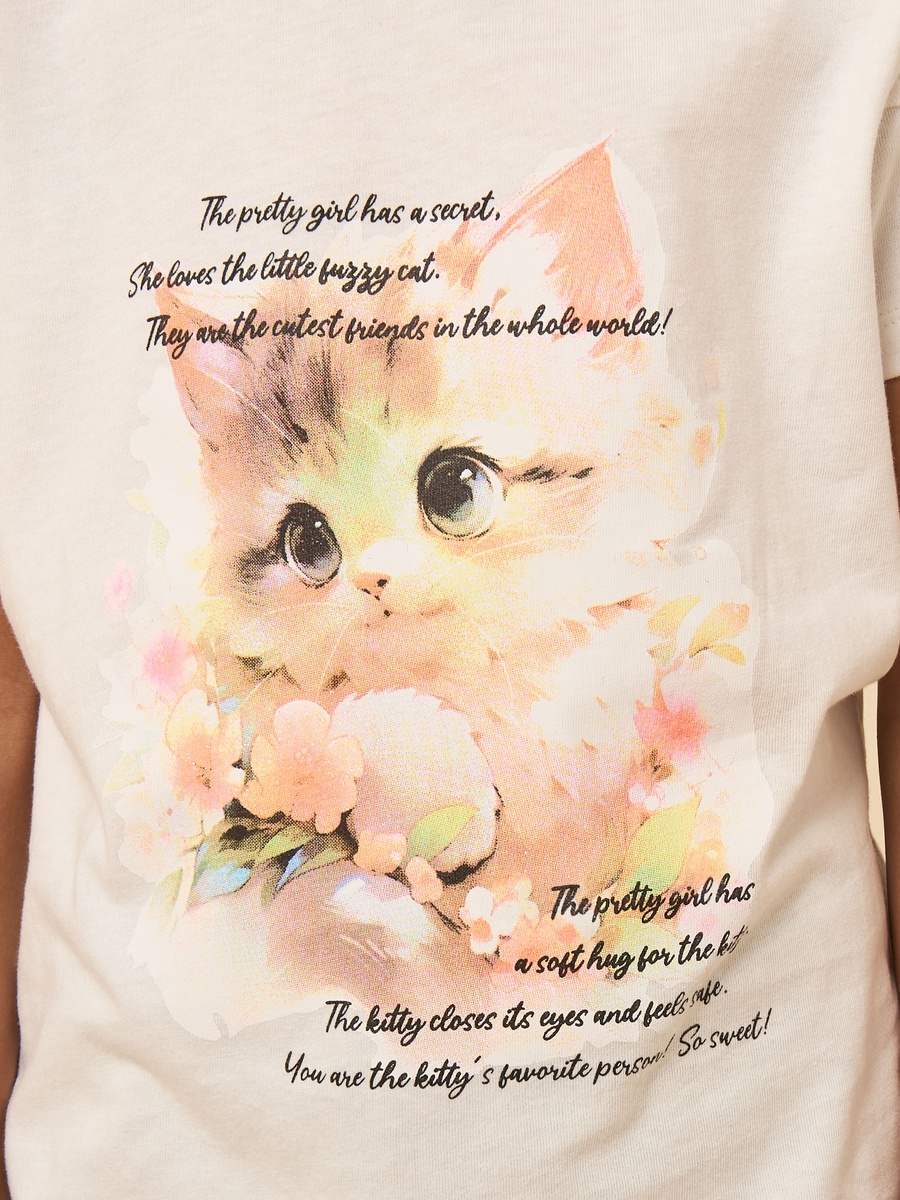 Cat Print Frill Sleeves Cotton T-Shirt