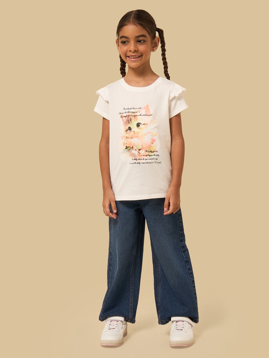 Cat Print Frill Sleeves Cotton T-Shirt