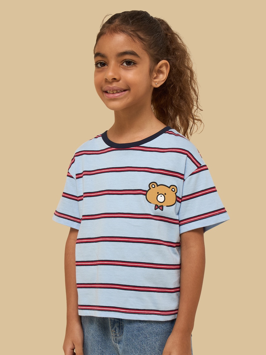 Teddy Print Striped Cotton T-Shirt