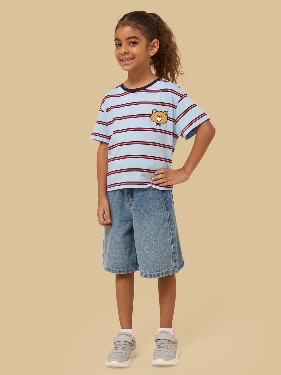 Teddy Print Striped Cotton T-Shirt