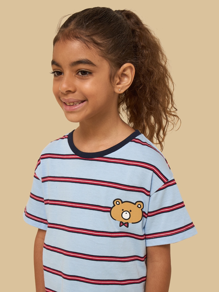 Teddy Print Striped Cotton T-Shirt