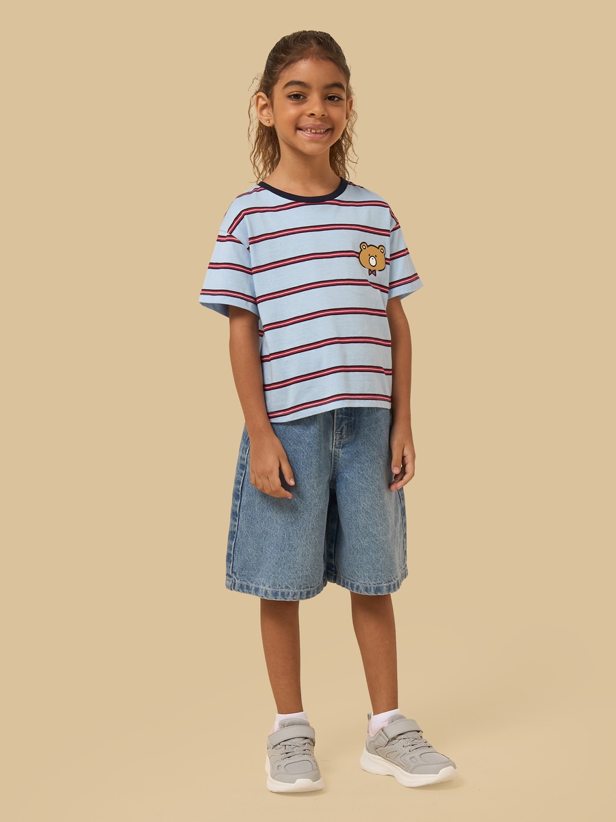 Teddy Print Striped Cotton T-Shirt