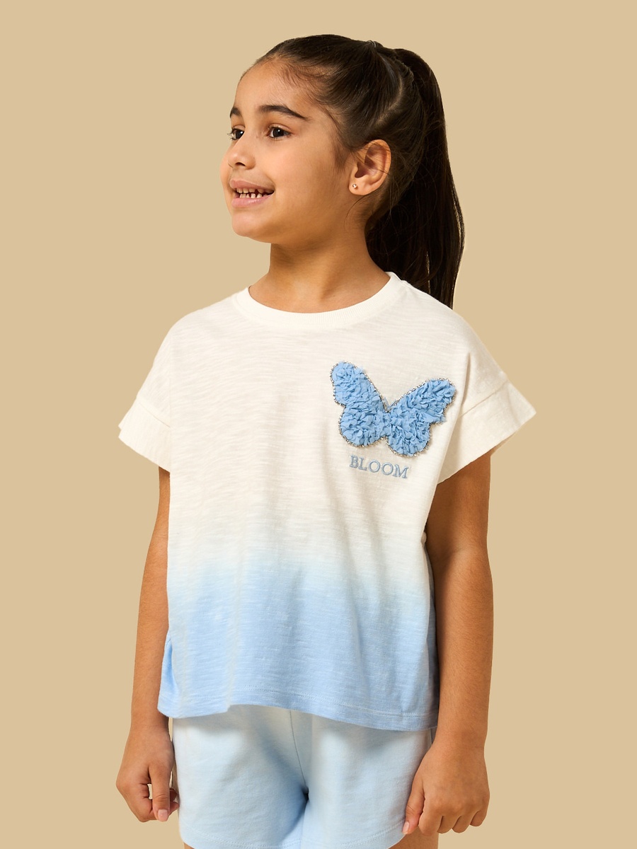 Ombre Embellished Extended Sleeves Cotton T-Shirt