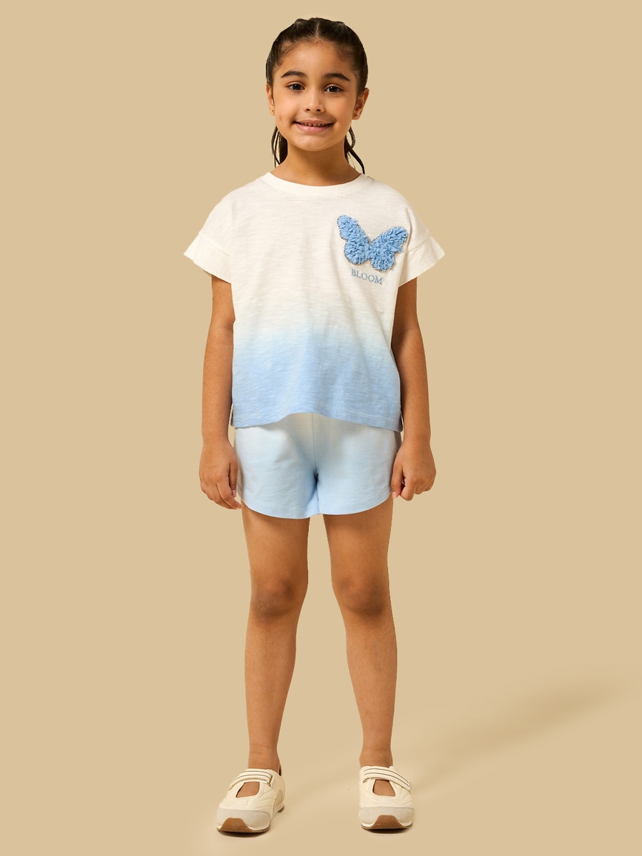 Ombre Embellished Extended Sleeves Cotton T-Shirt