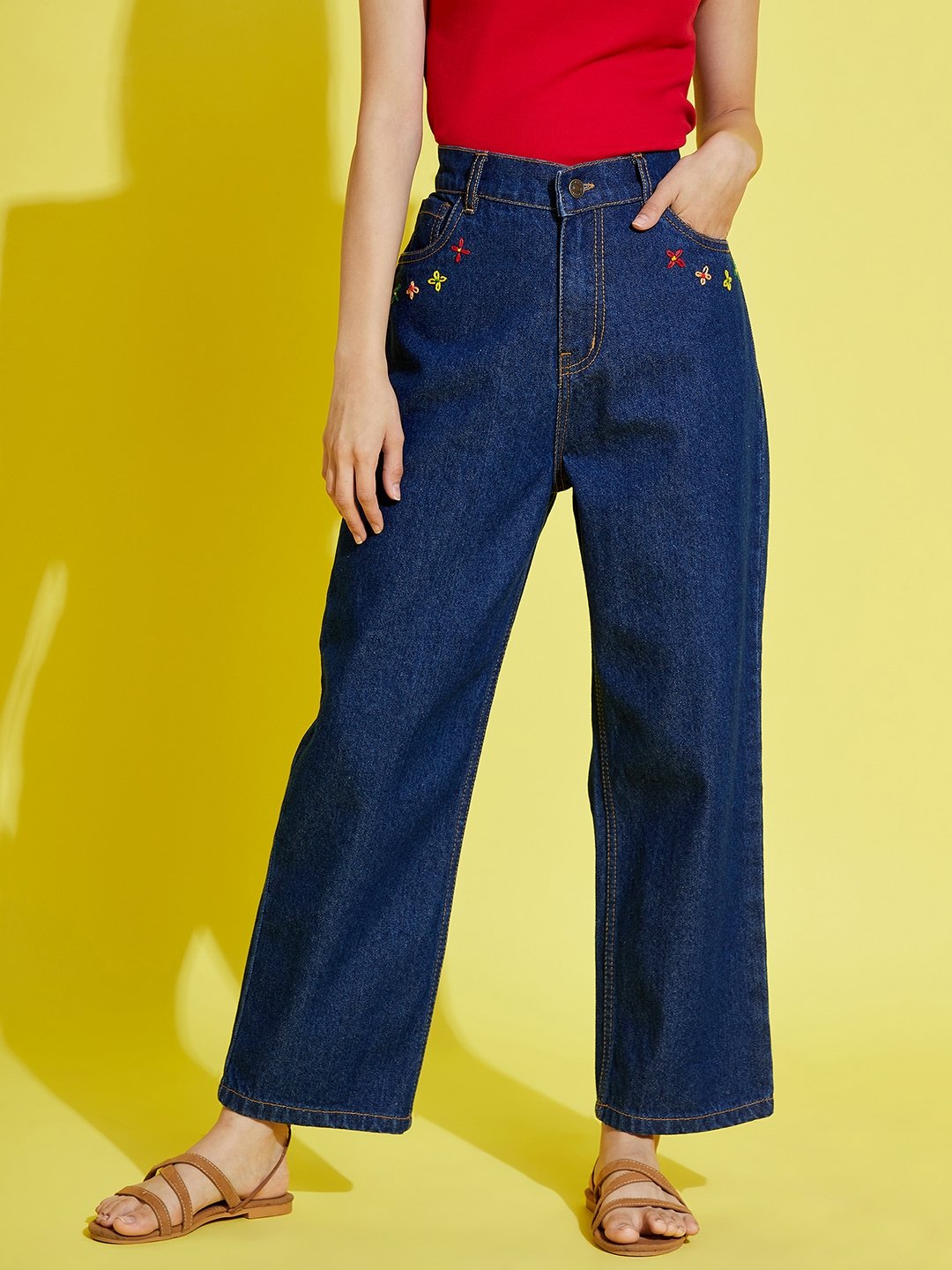 Kids Navy Relaxed Fit Jeans with Embroidered Pockets