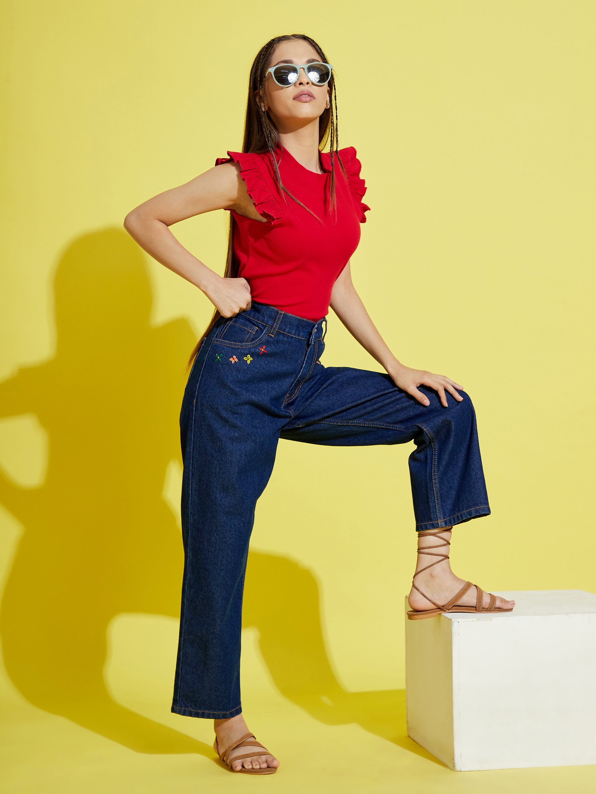 Kids Navy Relaxed Fit Jeans with Embroidered Pockets