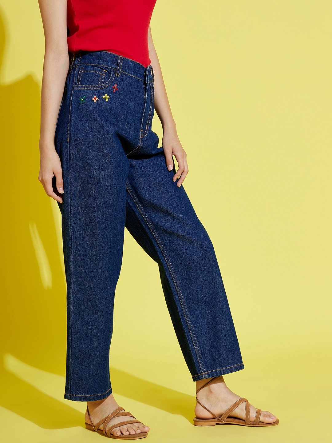Kids Navy Relaxed Fit Jeans with Embroidered Pockets
