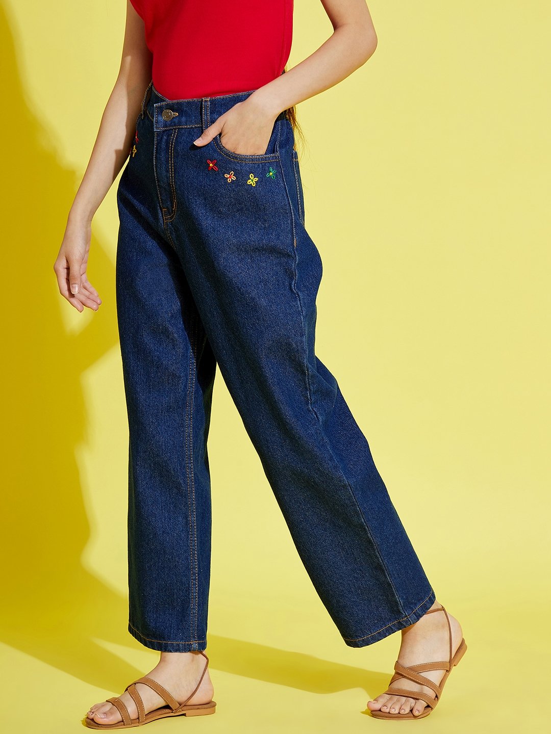 Kids Navy Relaxed Fit Jeans with Embroidered Pockets