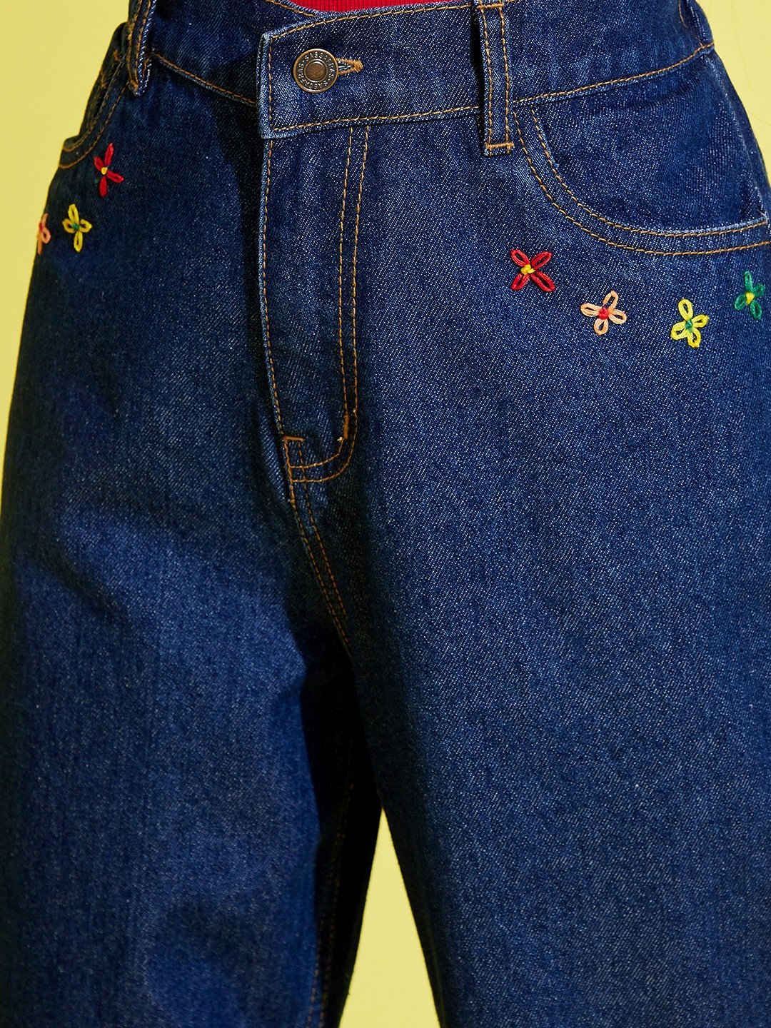 Kids Navy Relaxed Fit Jeans with Embroidered Pockets