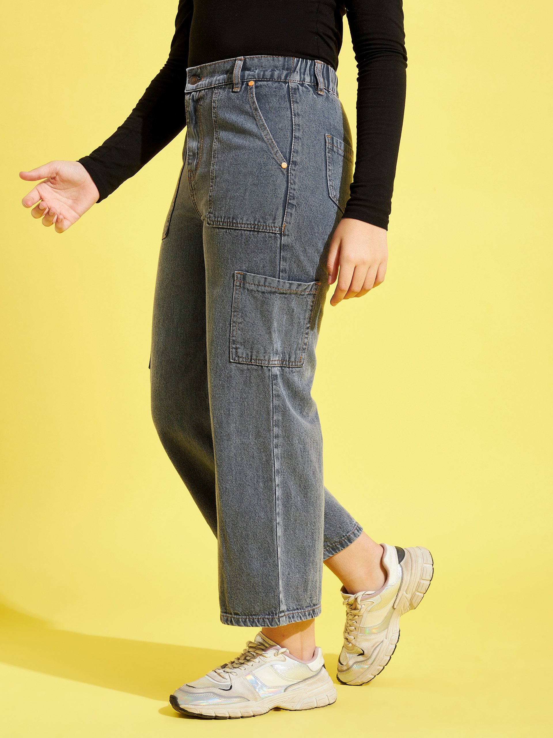 Kids Grey Acid Wash Mid-Rise Straight Fit Cargo Jeans