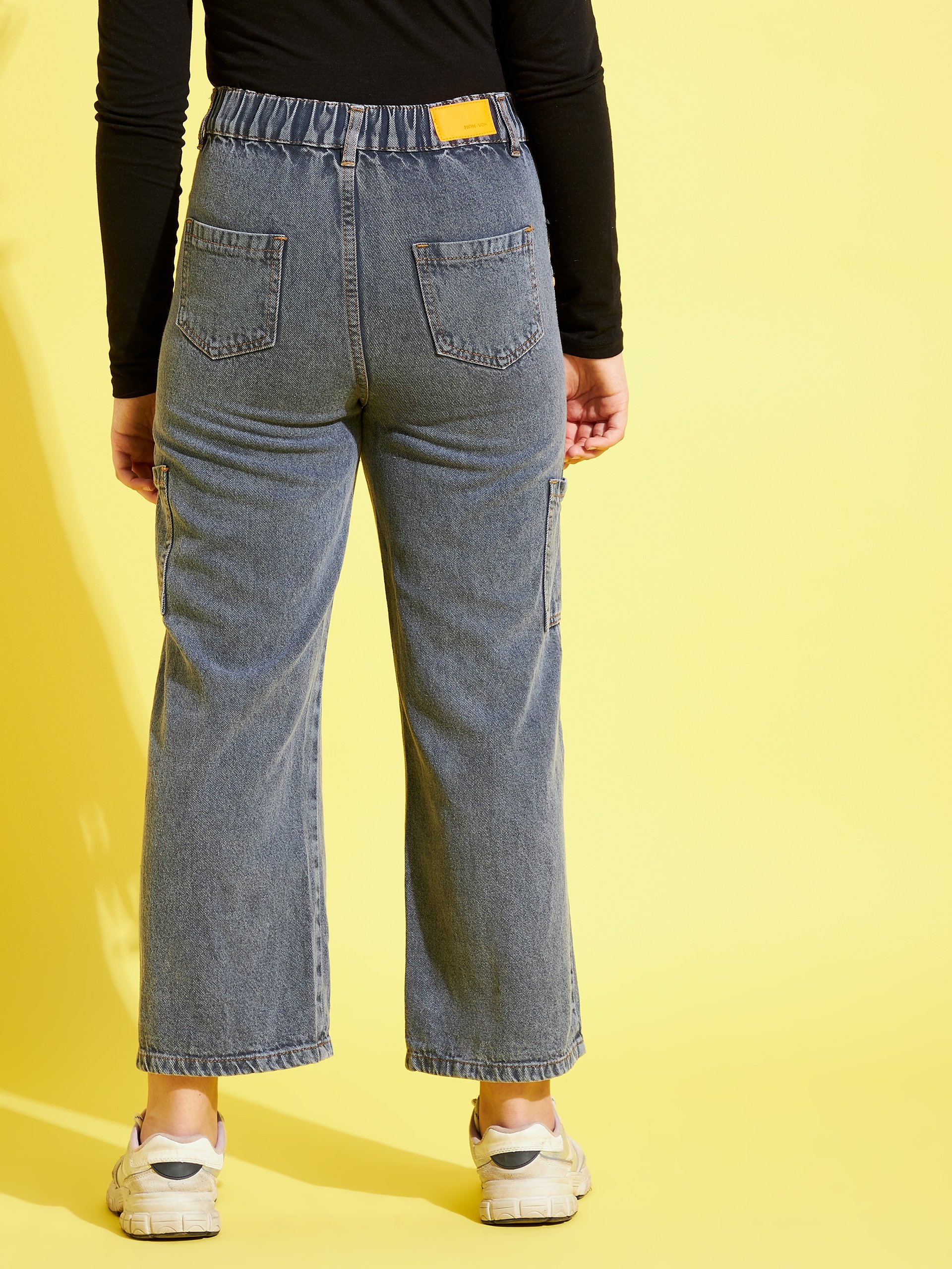 Kids Grey Acid Wash Mid-Rise Straight Fit Cargo Jeans