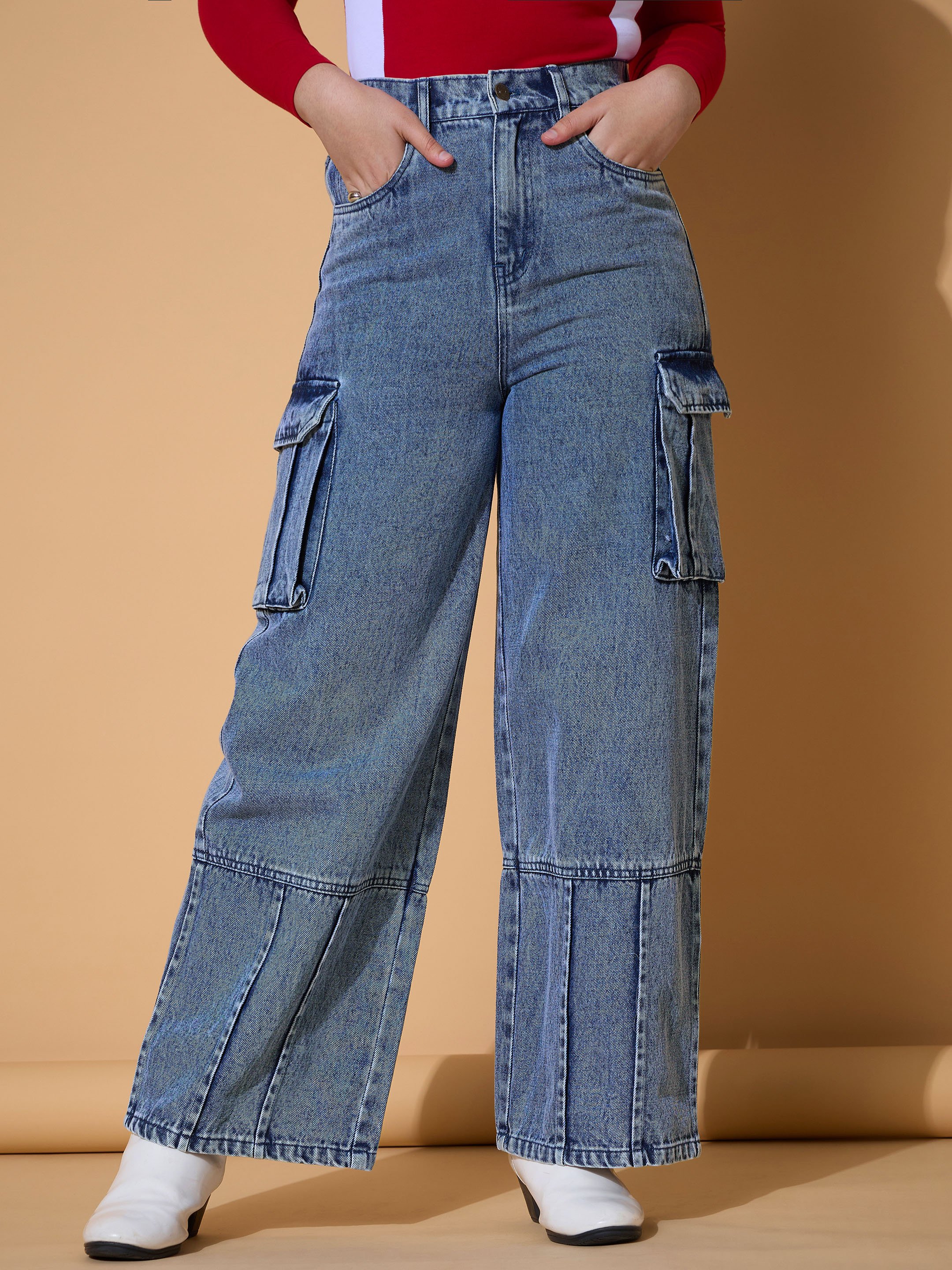 Kids Blue Cotton Woven Straight Leg Cargo Jeans