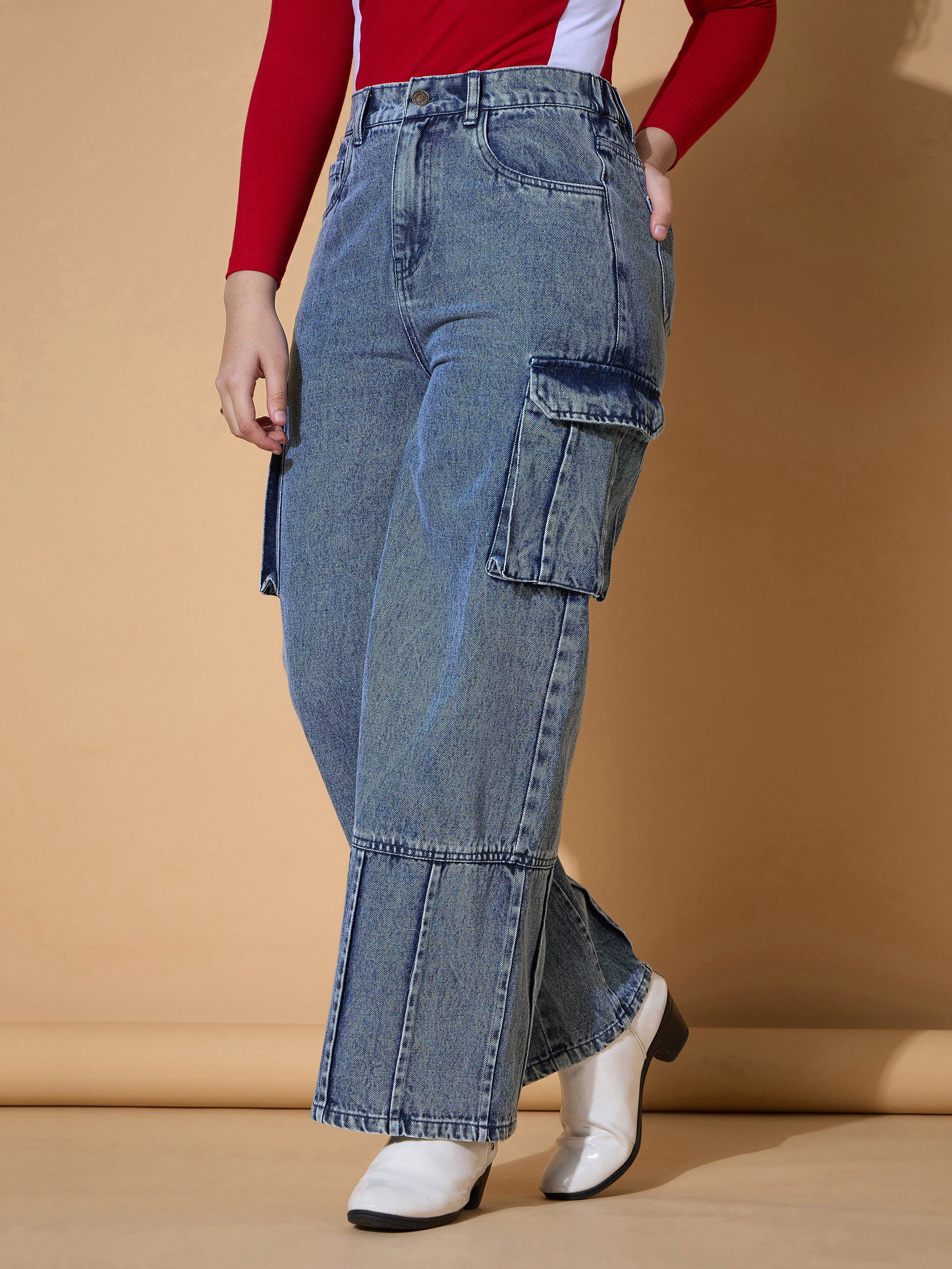 Kids Blue Cotton Woven Straight Leg Cargo Jeans