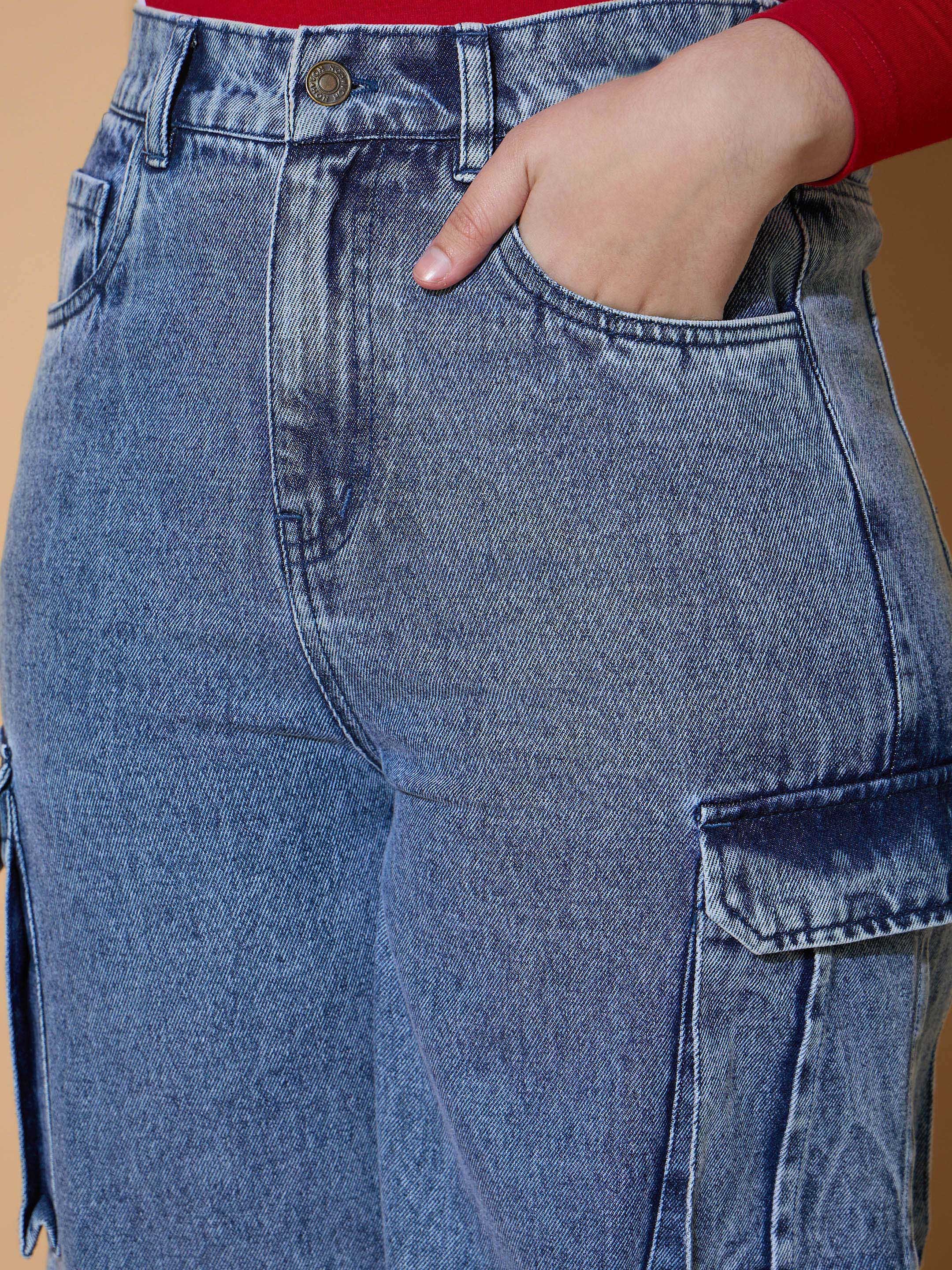 Kids Blue Cotton Woven Straight Leg Cargo Jeans