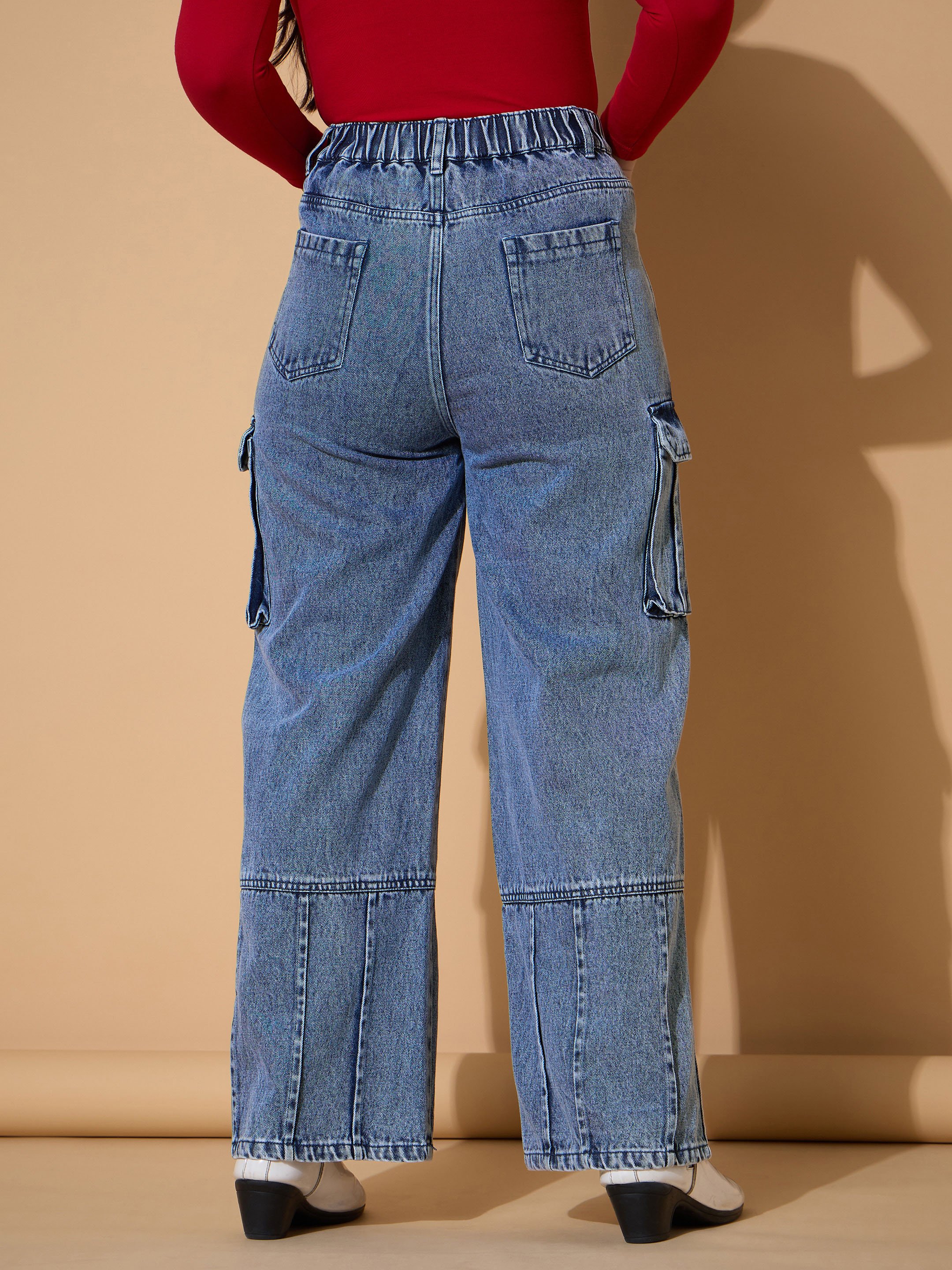 Kids Blue Cotton Woven Straight Leg Cargo Jeans