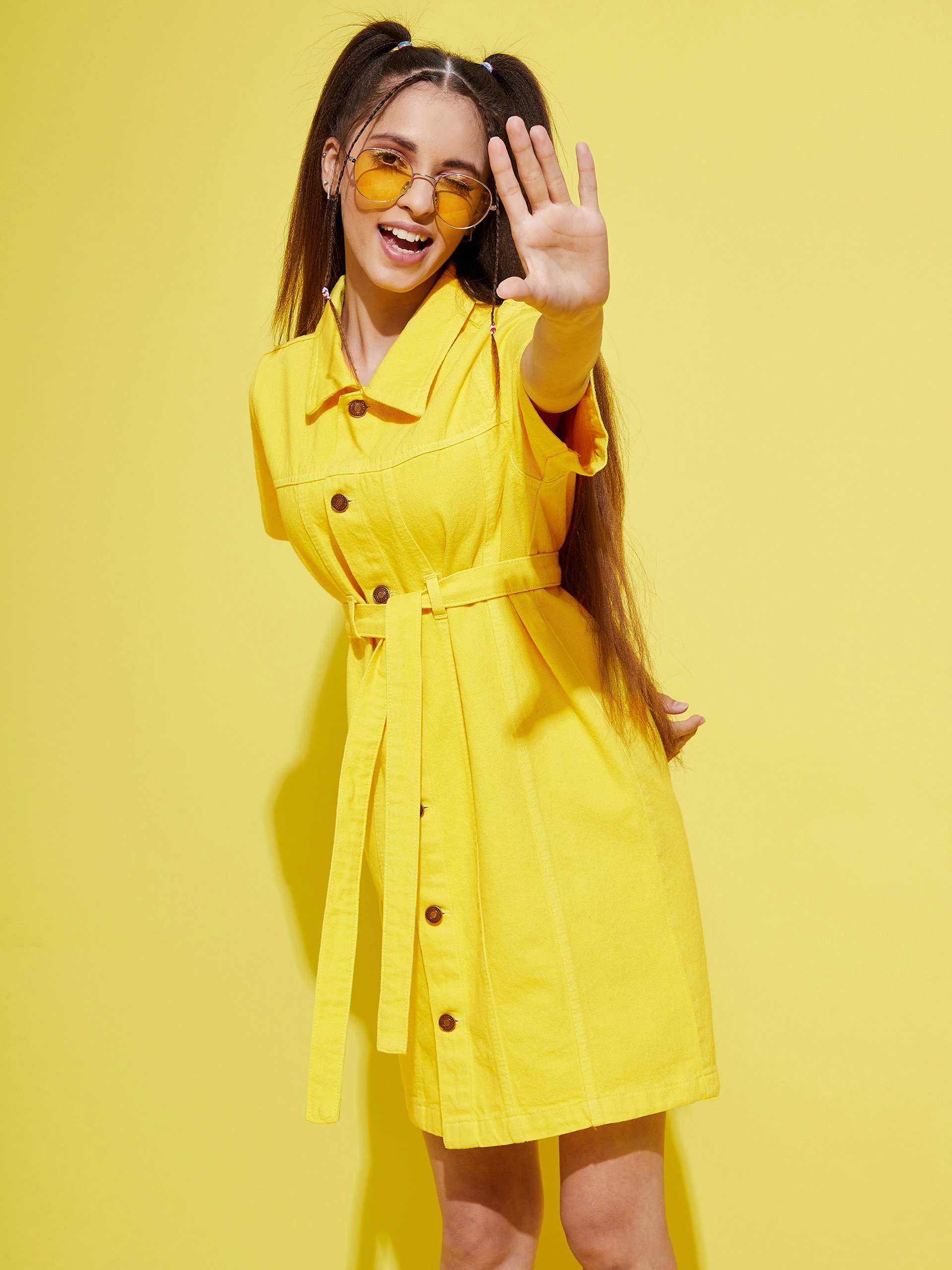 Yellow Knee-Length Shirt Dress 