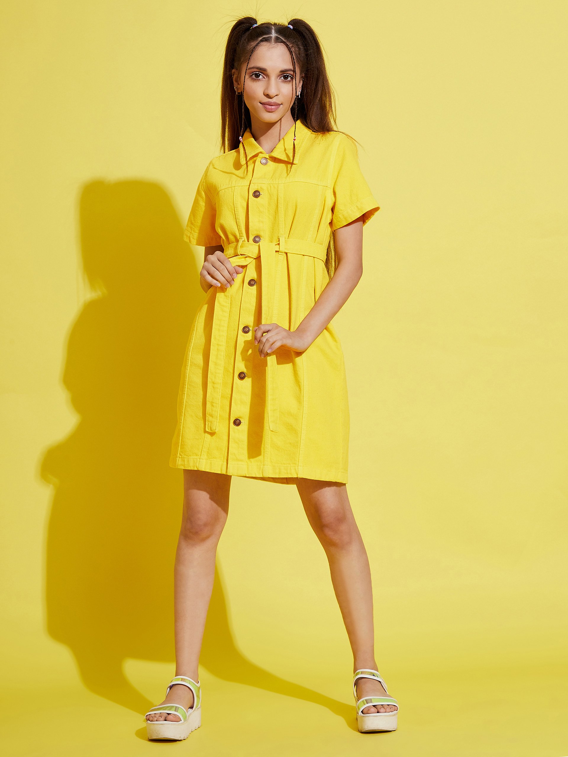 Yellow Knee-Length Shirt Dress 